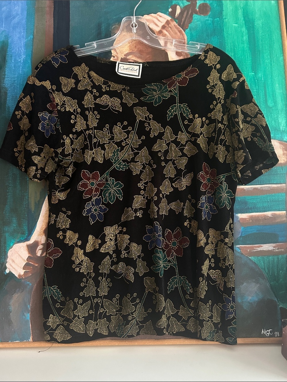Vintage Black Short-Sleeve Floral Metallic Tee Large